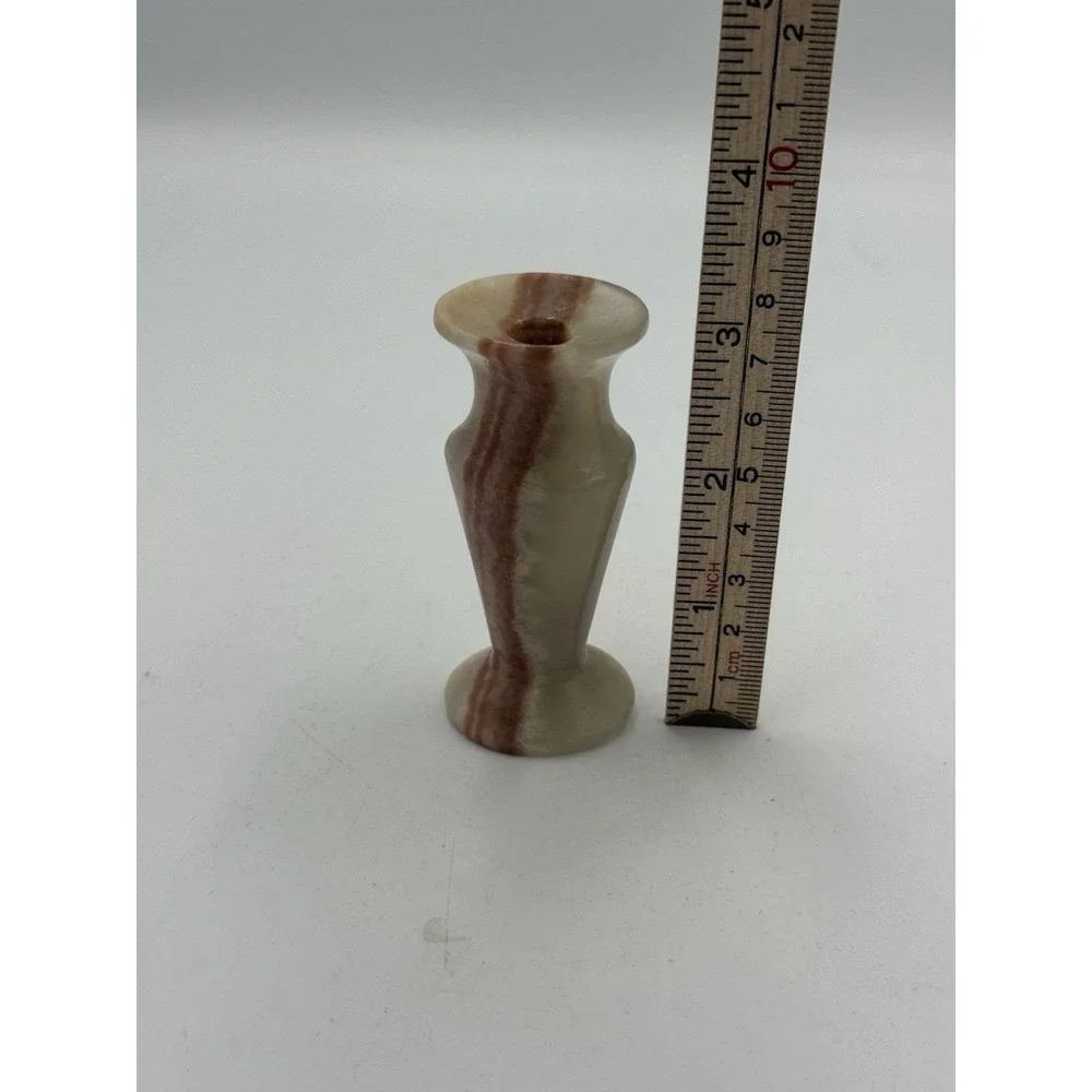 Marbled Stone Trumpet Bud Vase Beige Brown Decorative Freestanding 3in Tall